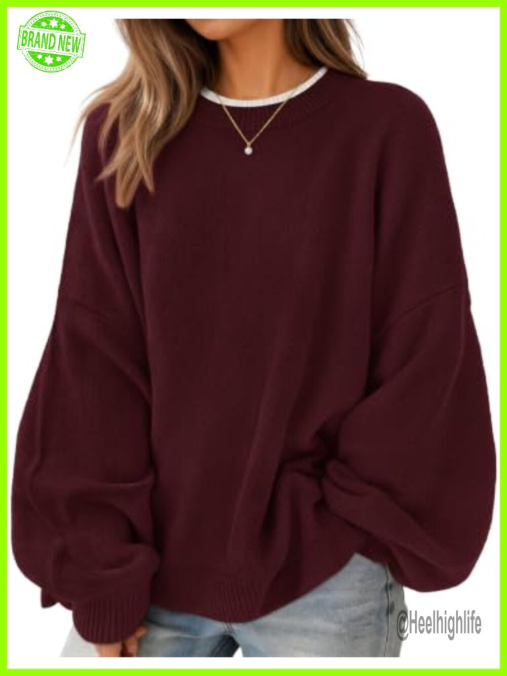 Oversized Batwing Sleeve Pullover Sweater with Contrast Trim